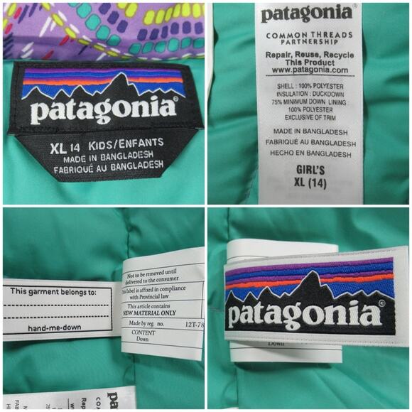 PATAGONIA Purple Printed Down Puffer Jacket Zip-Up Girls Size XL / 14 - Picture 11 of 12